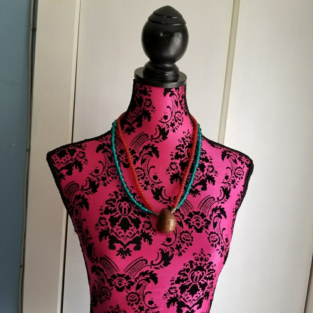 Relisted - Boho Nut Bead necklace teal orange statement - Picture 3 of 8